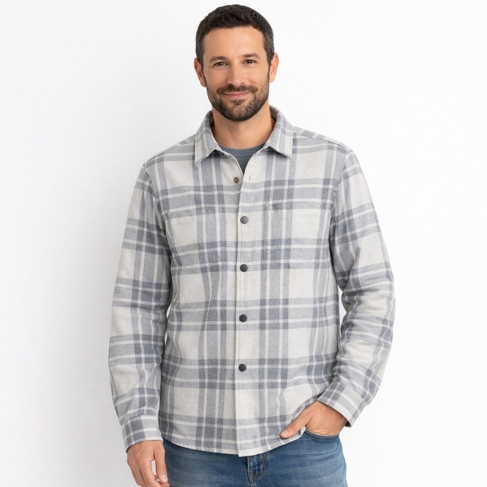 Vuori Shacket Range Shirt Jacket Plaid Gray Cotton Lined Button Up Long Sleeve M